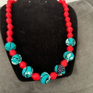 Red and Teal Ketange  Beaded Necklace. New handmade in Rwanda